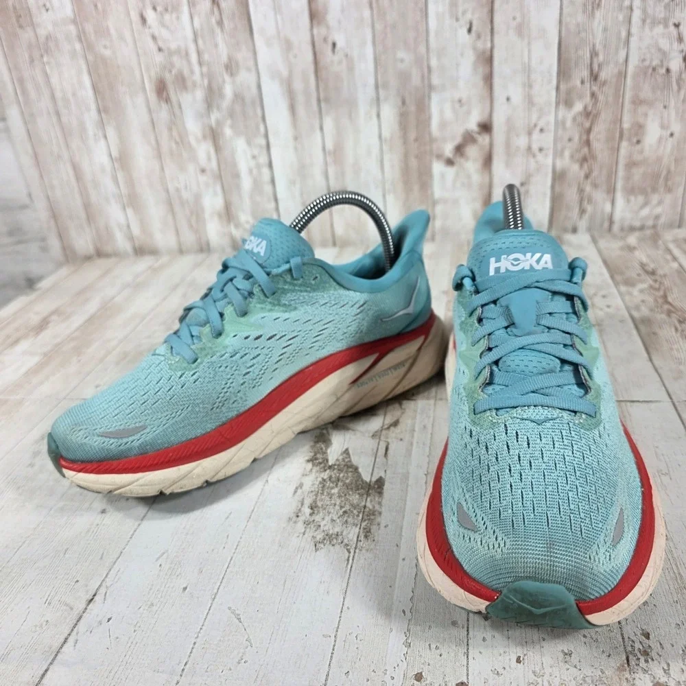 Hoka Clifton 8 Womens 7B Running Shoes Aegean Blue Red 1119394 AEBL